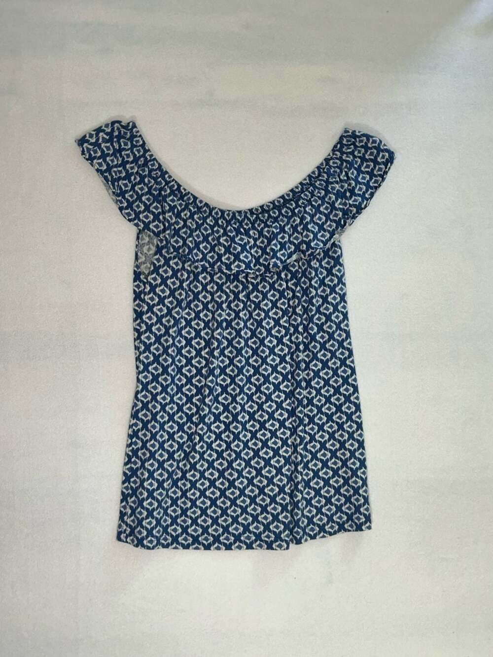 Chaps Denim XL Blue White Geo Pattern Ruffle Off the Shoulder Top Coastal